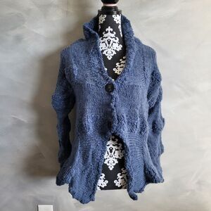 AMANO CHUNKY KNIT Dusty BLUE WOOL CARDIGAN BUTTON SIZE S/M